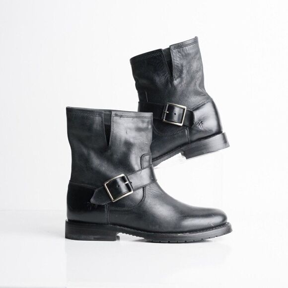 Frye Womens Natalie Engineer Black Leather Bootie Mid-Calf Boots US 6.5 EU 37 - Picture 2 of 8